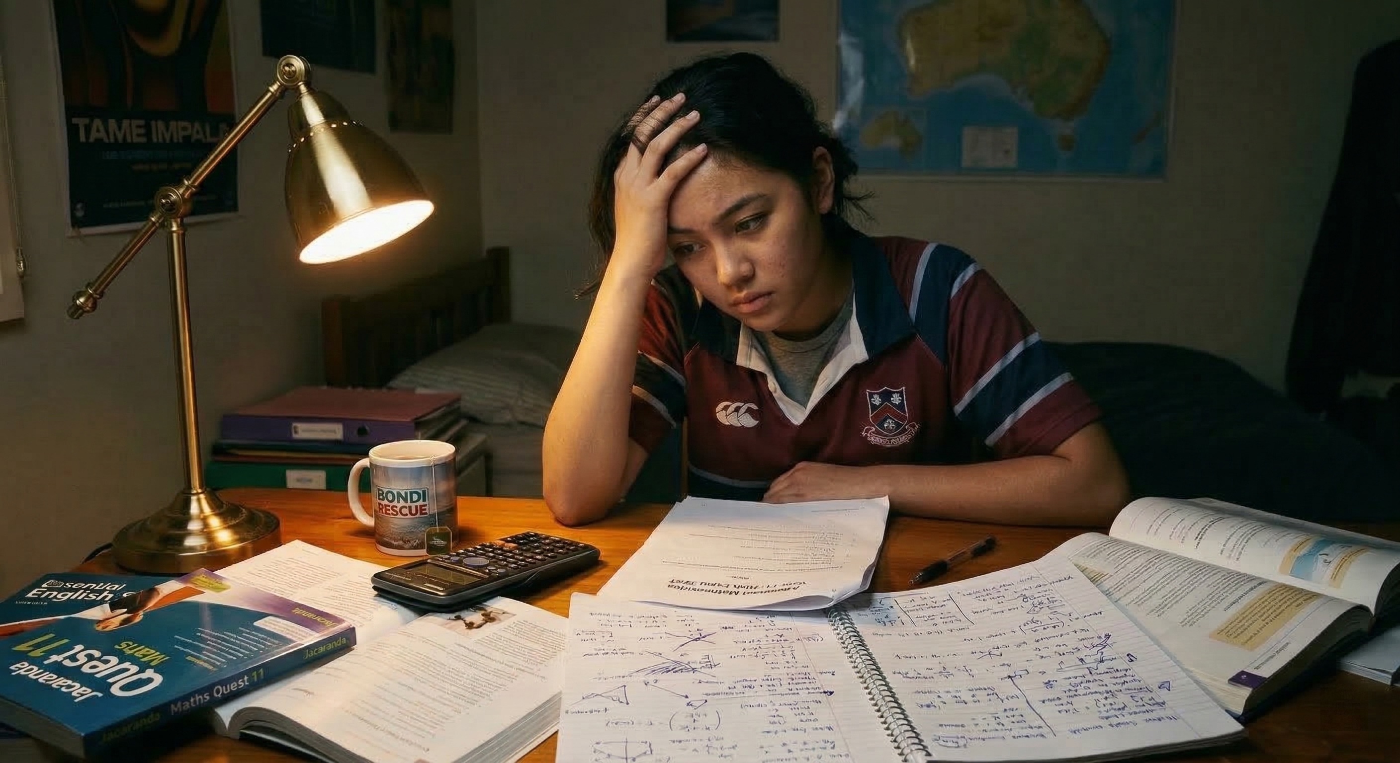 HSC student studying late at night, exhausted over maths exam papers